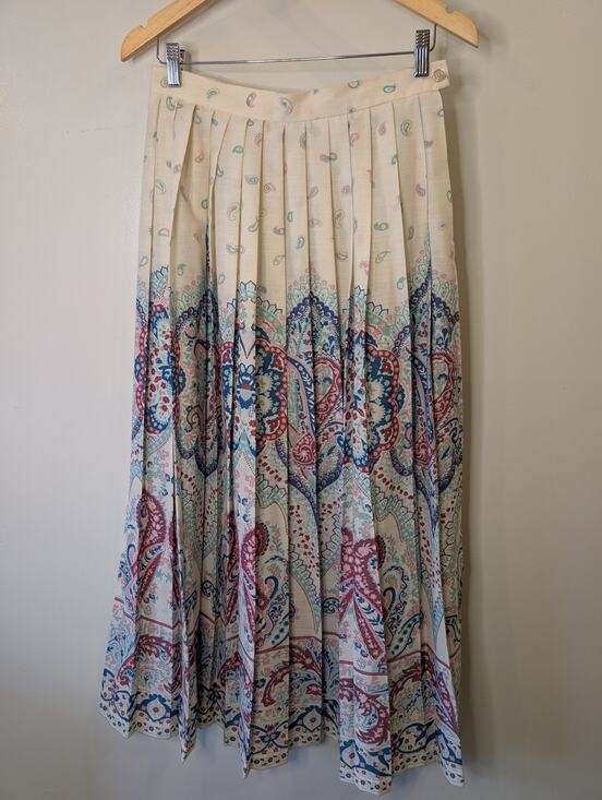 Sears Dresses & Skirts - Vintage 80s Sears Pleated Paisley Maxi Skirt Border Print Cream Boho Size 14